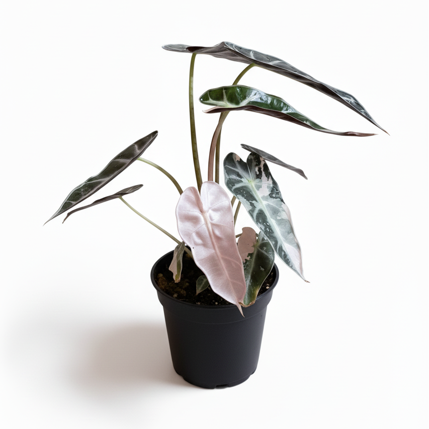 Potted Alocasia Bambino Pink Variegated plant with green and pink leaves on a white background