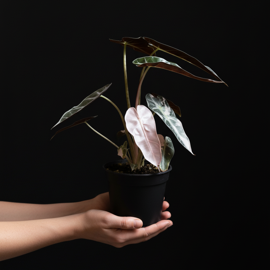 Person holding a potted Alocasia Bambino Pink Variegated plant against a black background