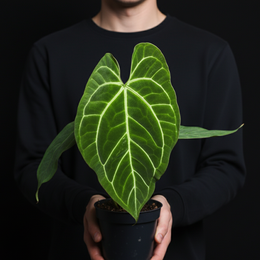 Person holding a potted Anthurium Magnificum x Crystallinum plant with large green leaves against a black background