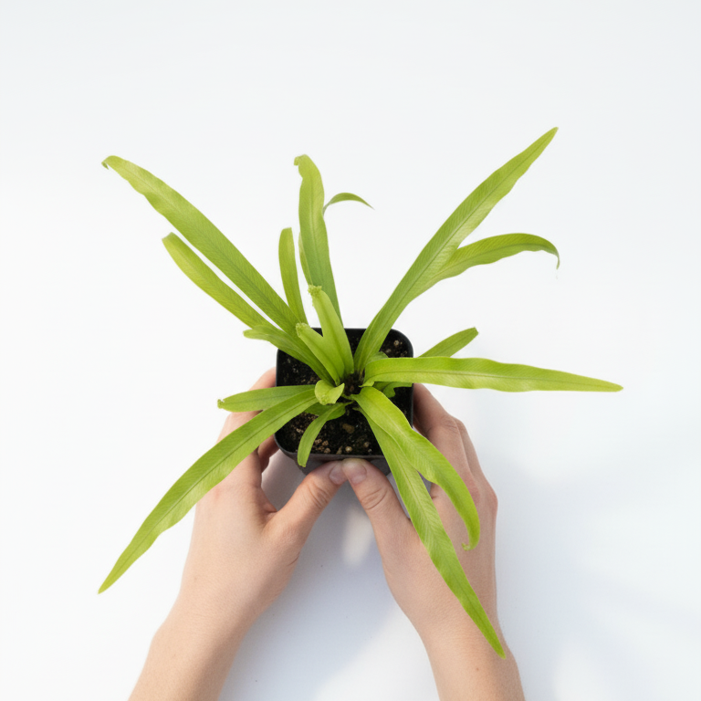 Person holding a small potted plant on a white background