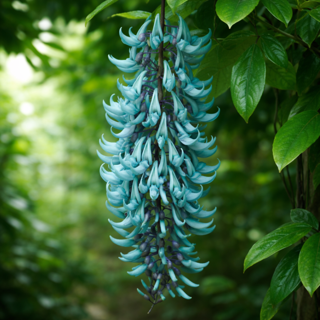 Turquoise flower clusters hanging among green leaves in a natural setting