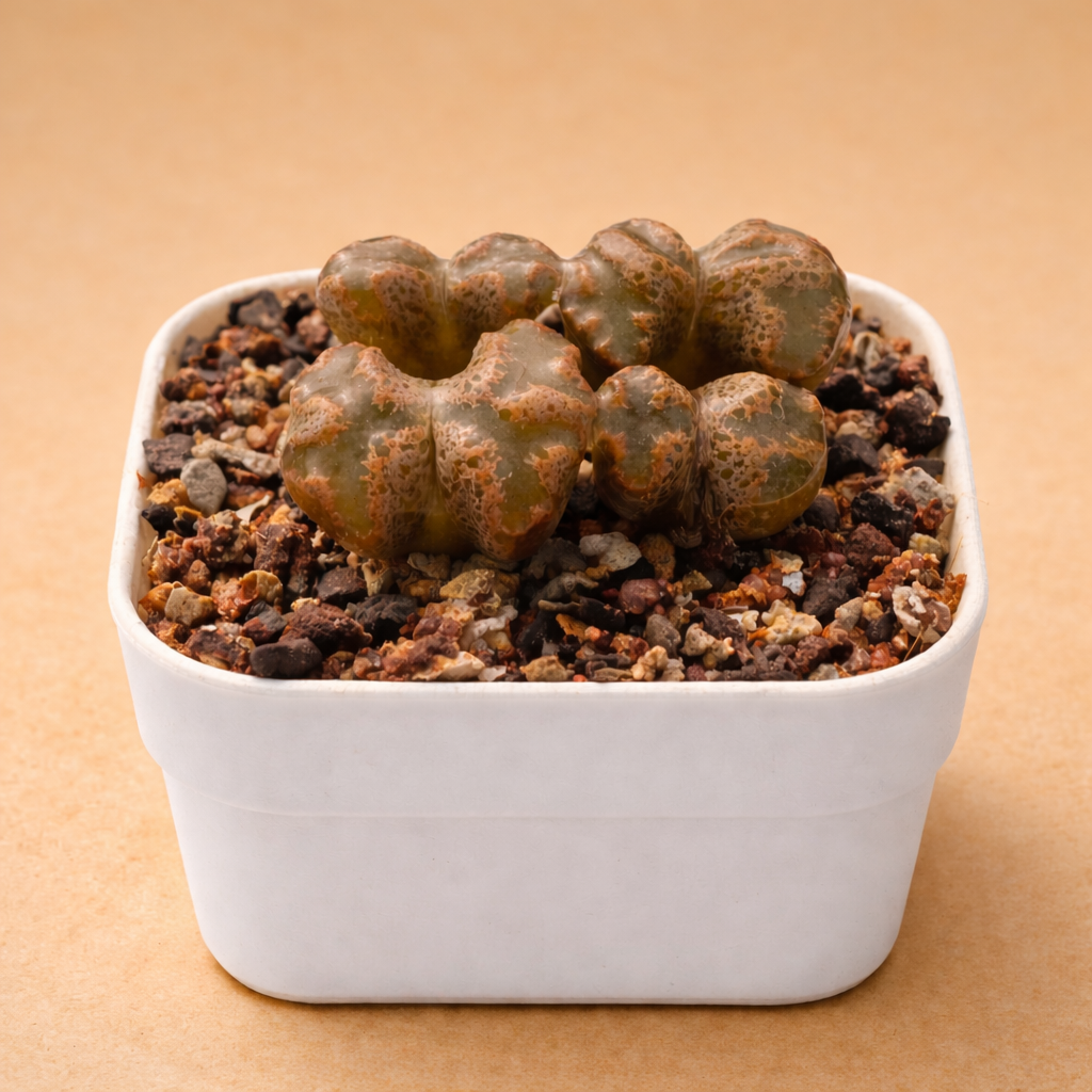 Cactus plant in a white pot on a beige background