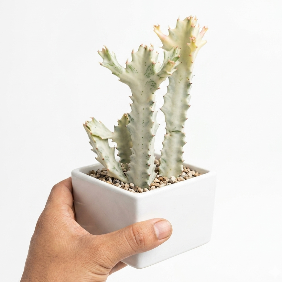 Hand holding a potted cactus plant on a white background