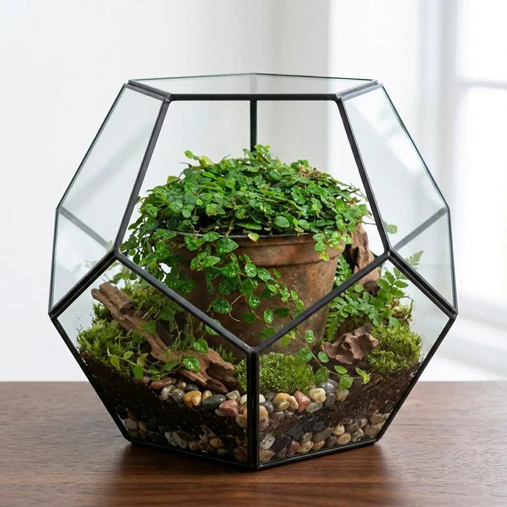 Geometric glass terrarium with Ficus Pumila 'Minima' (Mini Creeping Fig) plants on a wooden surface