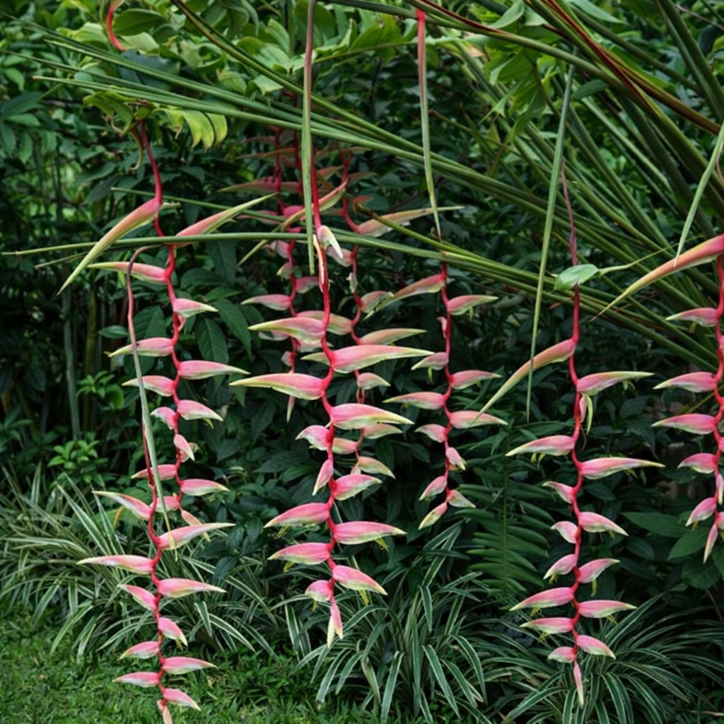 Hanging pink Heliconia flowers with green leaves in a natural setting