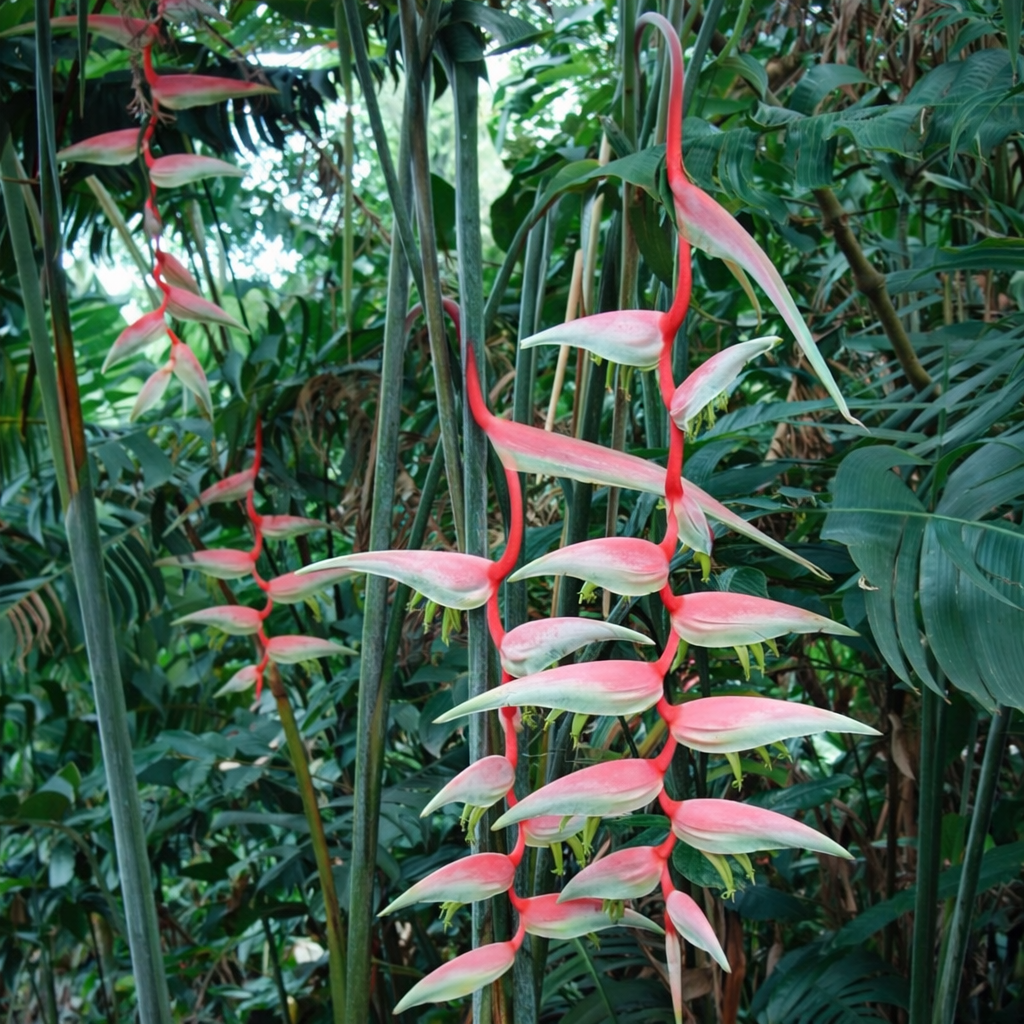 Pink heliconia flowers in a tropical forest setting