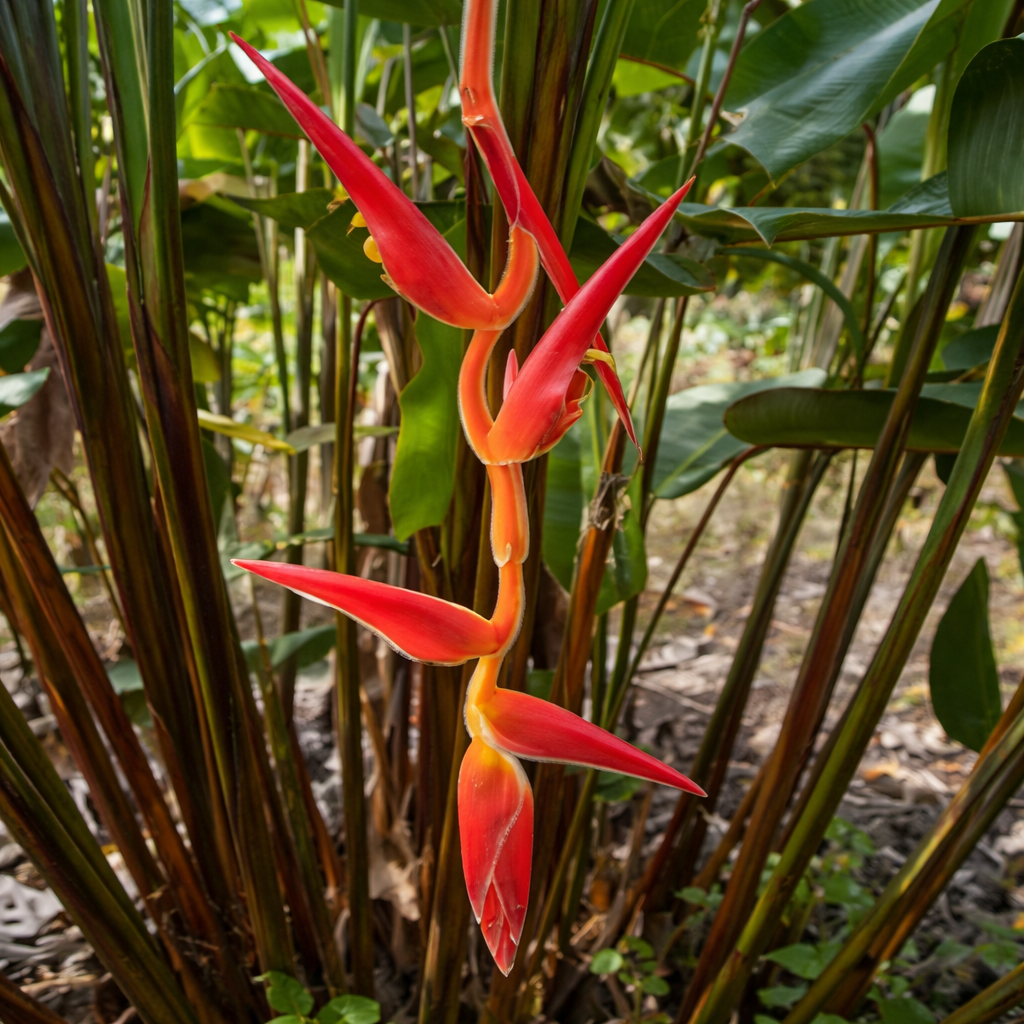 Red Heliconia Vellerigera Hybrid 'Red Carpet' flower in a natural setting with green leaves.