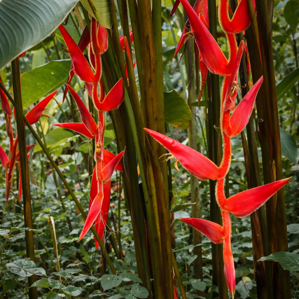 Red Heliconia Vellerigera Hybrid 'Red Carpet' flowers in a lush green forest