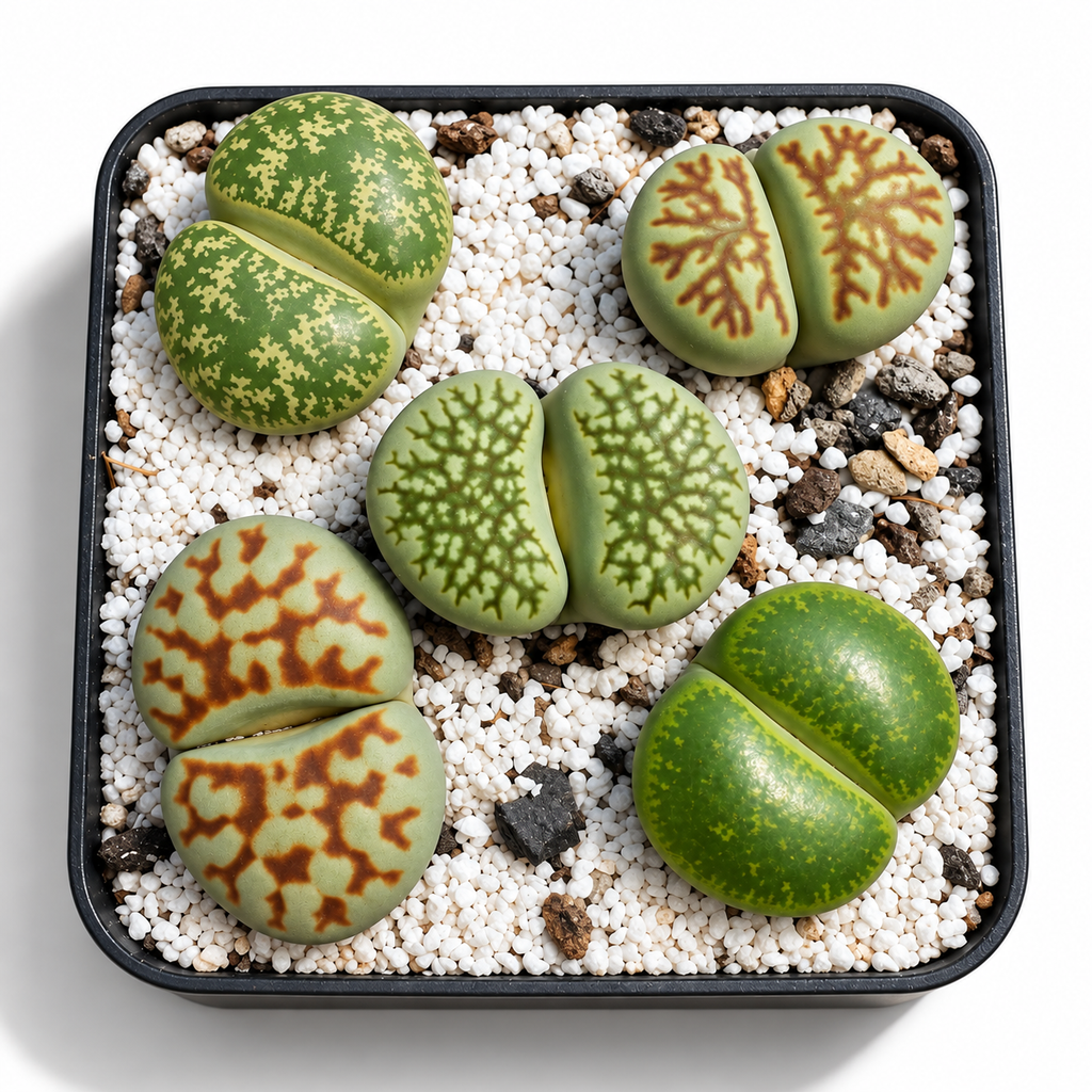 five Lithops succulents, commonly known as living stones, arranged in a black square planter filled with white pebbles. The plants display various patterns of green and brown, with some showing a mottled light green and white pattern and others featuring a dark brown leaf-like pattern on a pale green base.