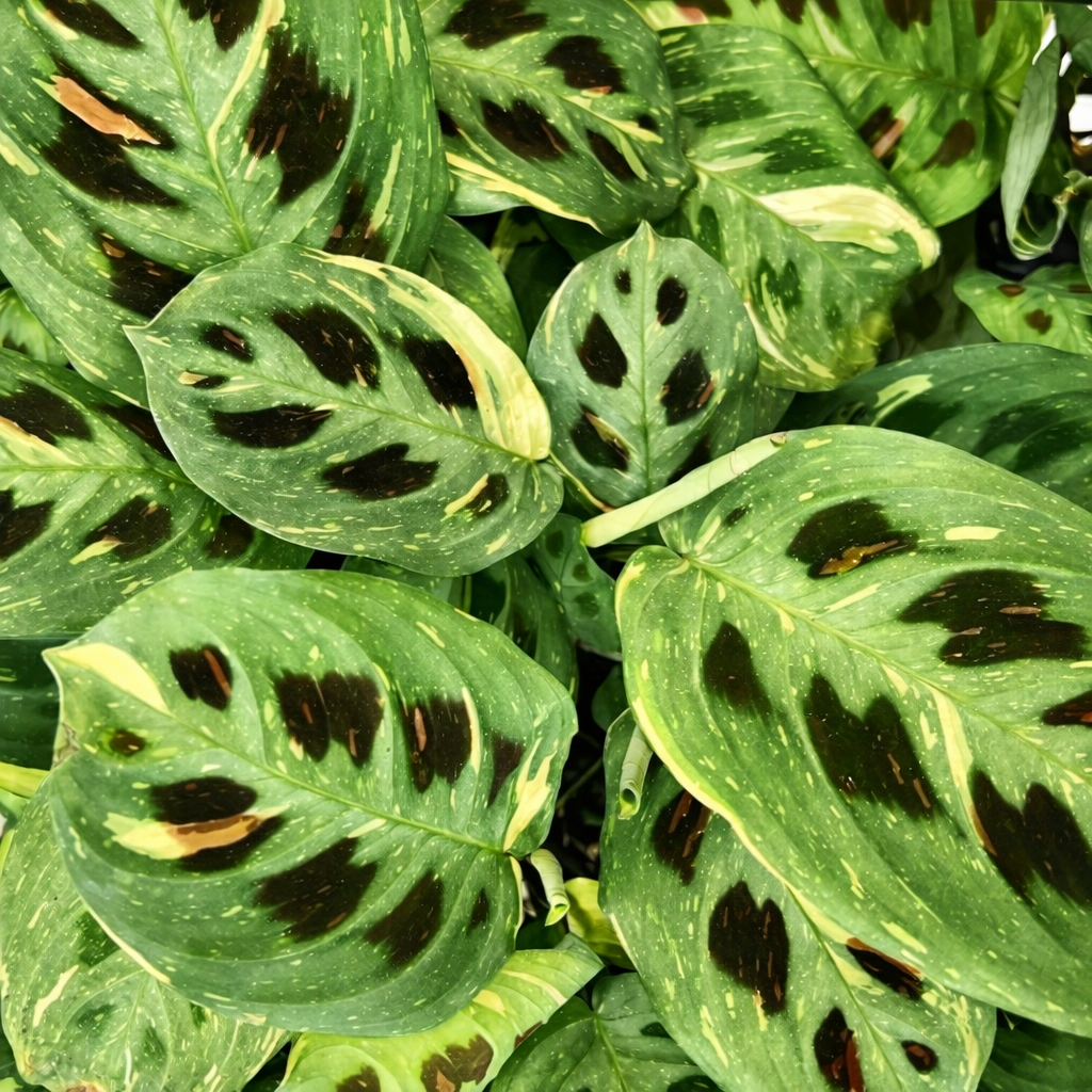 Close-up of green leaves OF Maranta Kerchoveana Variegata with black spots and variegated edges