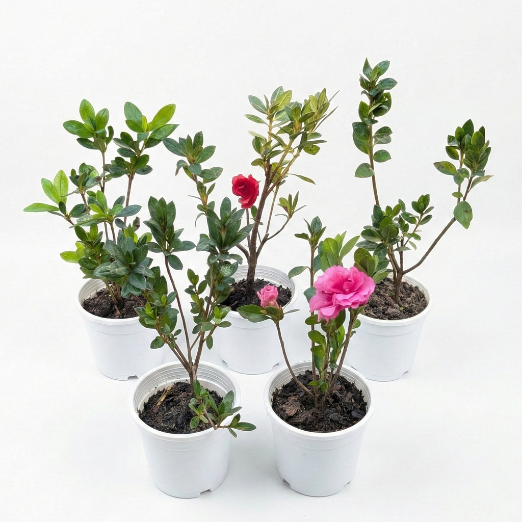 Set of potted plants with pink flowers on a white background
