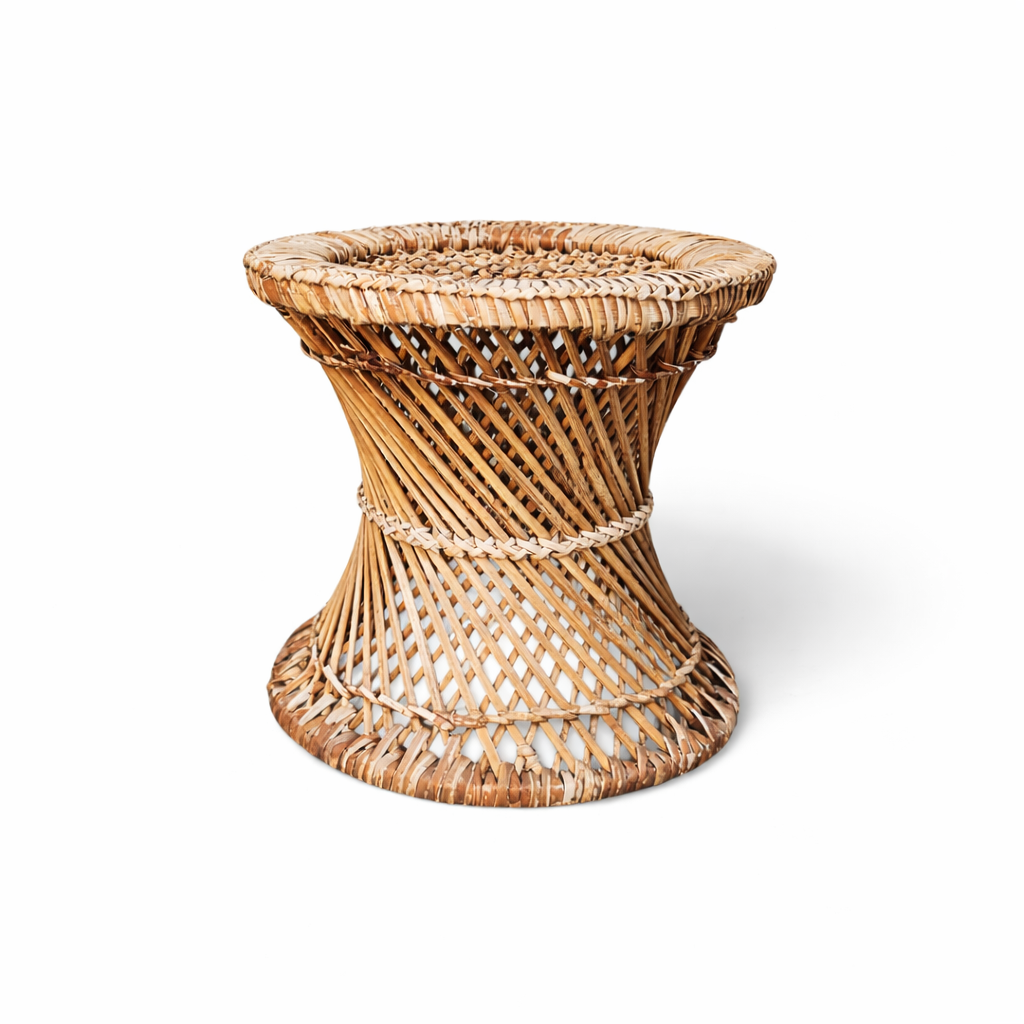 Woven rattan side table on a white background