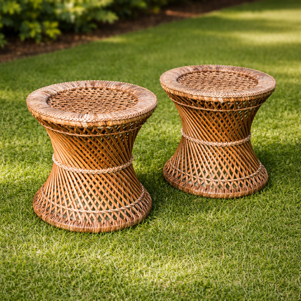 Two wicker side tables on a grassy lawn