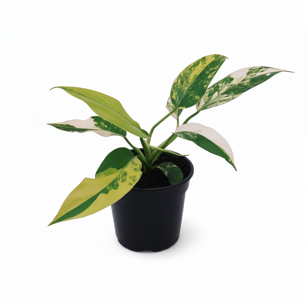 Potted Philodendron Domesticum Variegata plant with green and white leaves on a white background