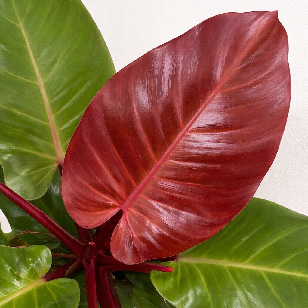 Close-up of a Philodendron McColley's Finale plant with red and green leaves on a white background
