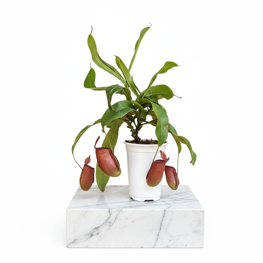 Potted pitcher plant on a marble base with a white background