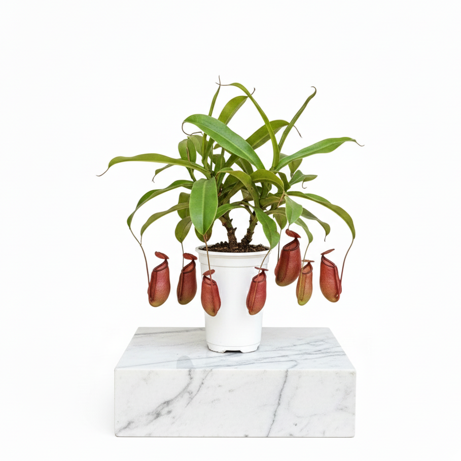 Potted plant with red pitcher-like leaves on a marble surface with a white background