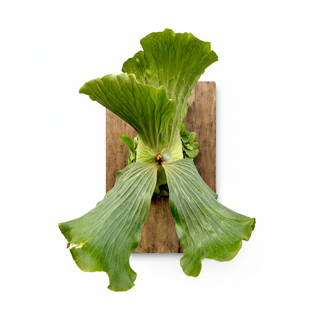 Large Platycerium Elephantotis on a wooden board against a white background