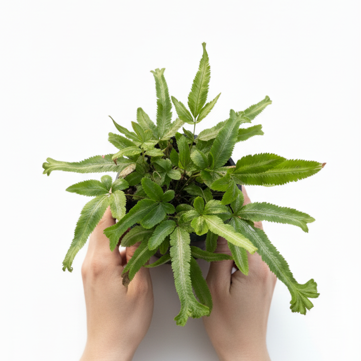 Hands holding a small green potted plant against a white background