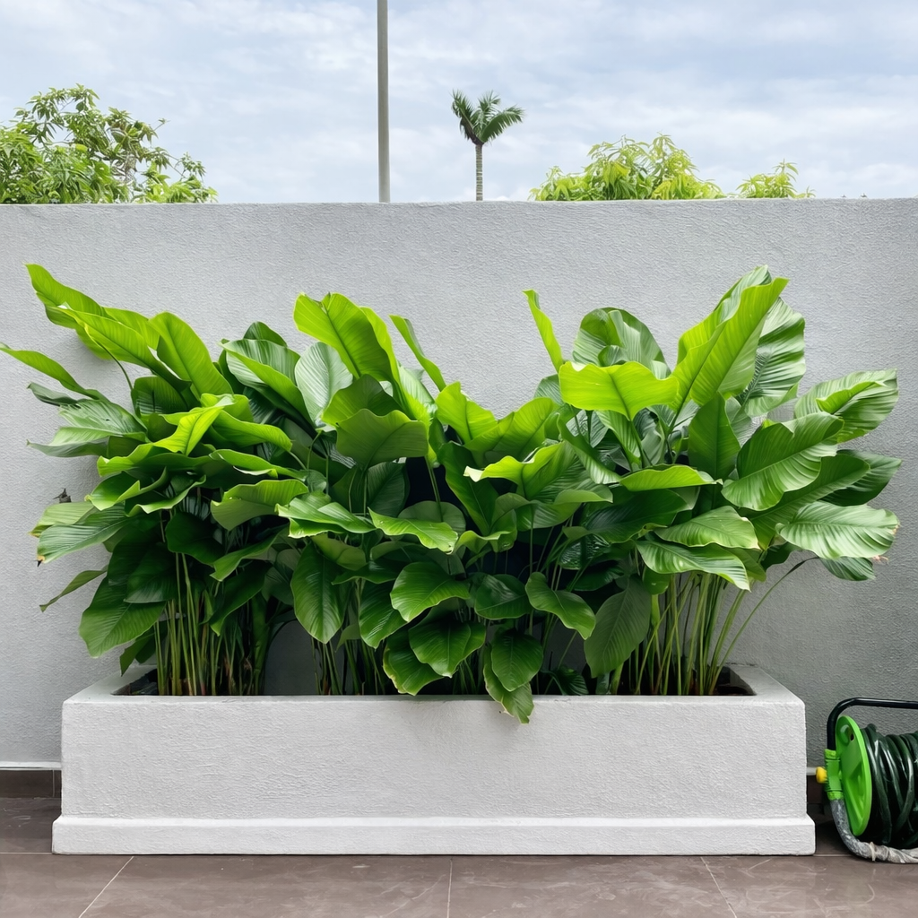 Green plants in a white planter against a light gray wall with a garden hose in the corner.