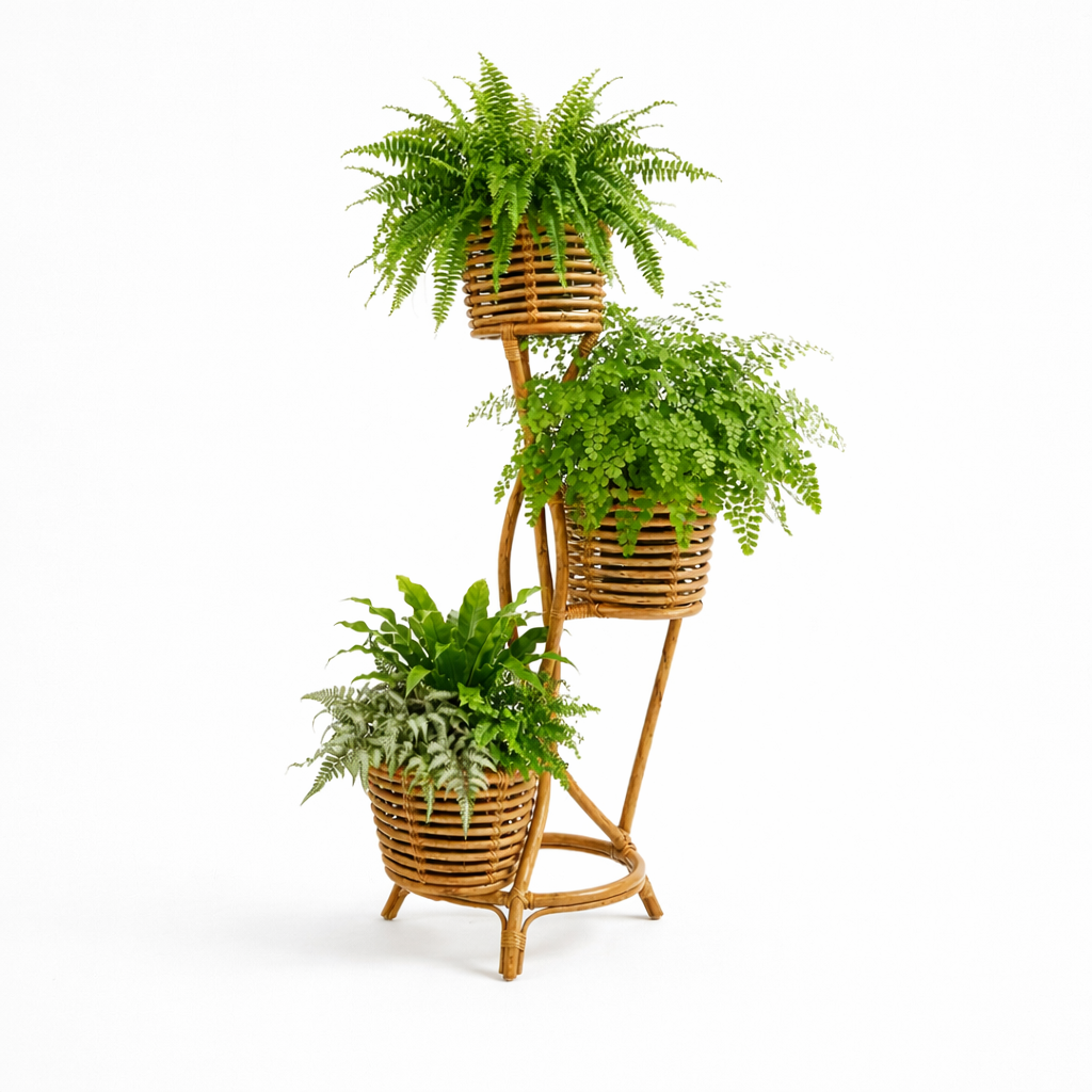 Three potted ferns on a wooden plant stand against a white background