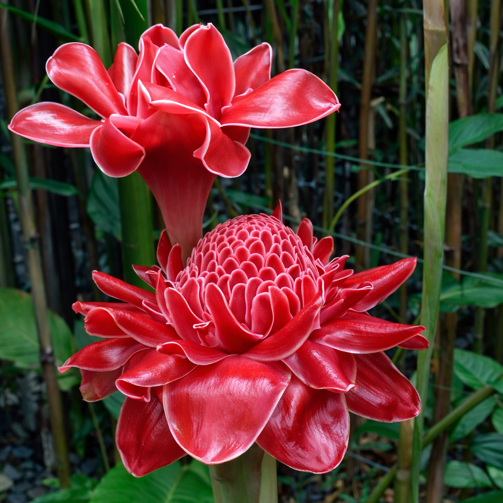 Two vibrant red flowers with a blurred green background