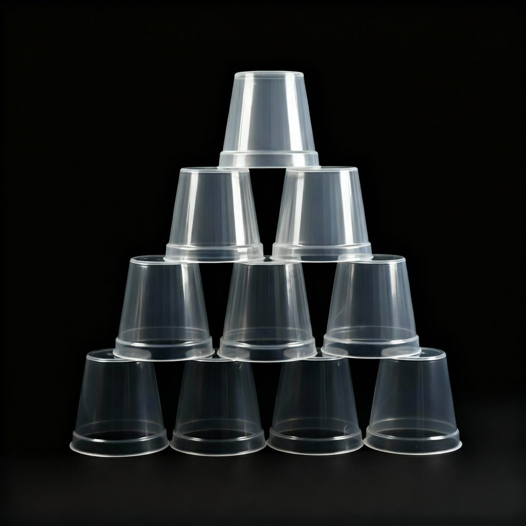 Pyramid of clear plastic pots on a black background
