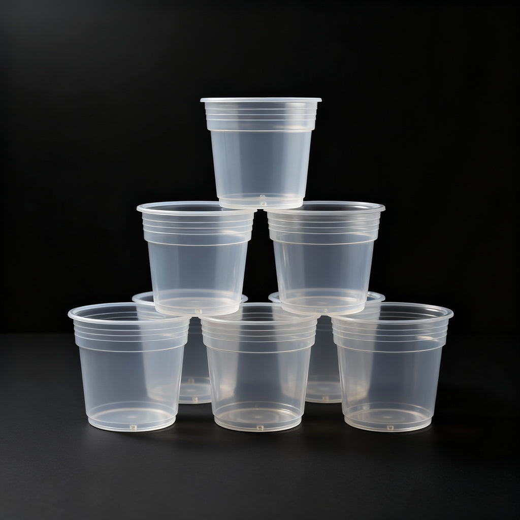 Stack of clear plastic pots on a black background