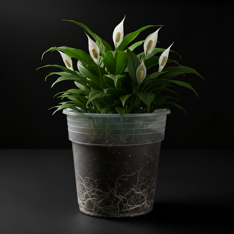 Potted plant with visible roots on a black background